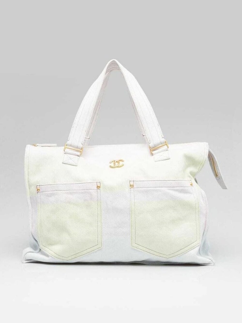 Chanel Light Pink/Yellow/Blue Printed Denim Large Shopping Tote Bag